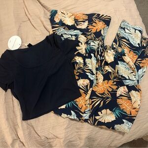 Navy Crop Top and Tropical Print Pants Set